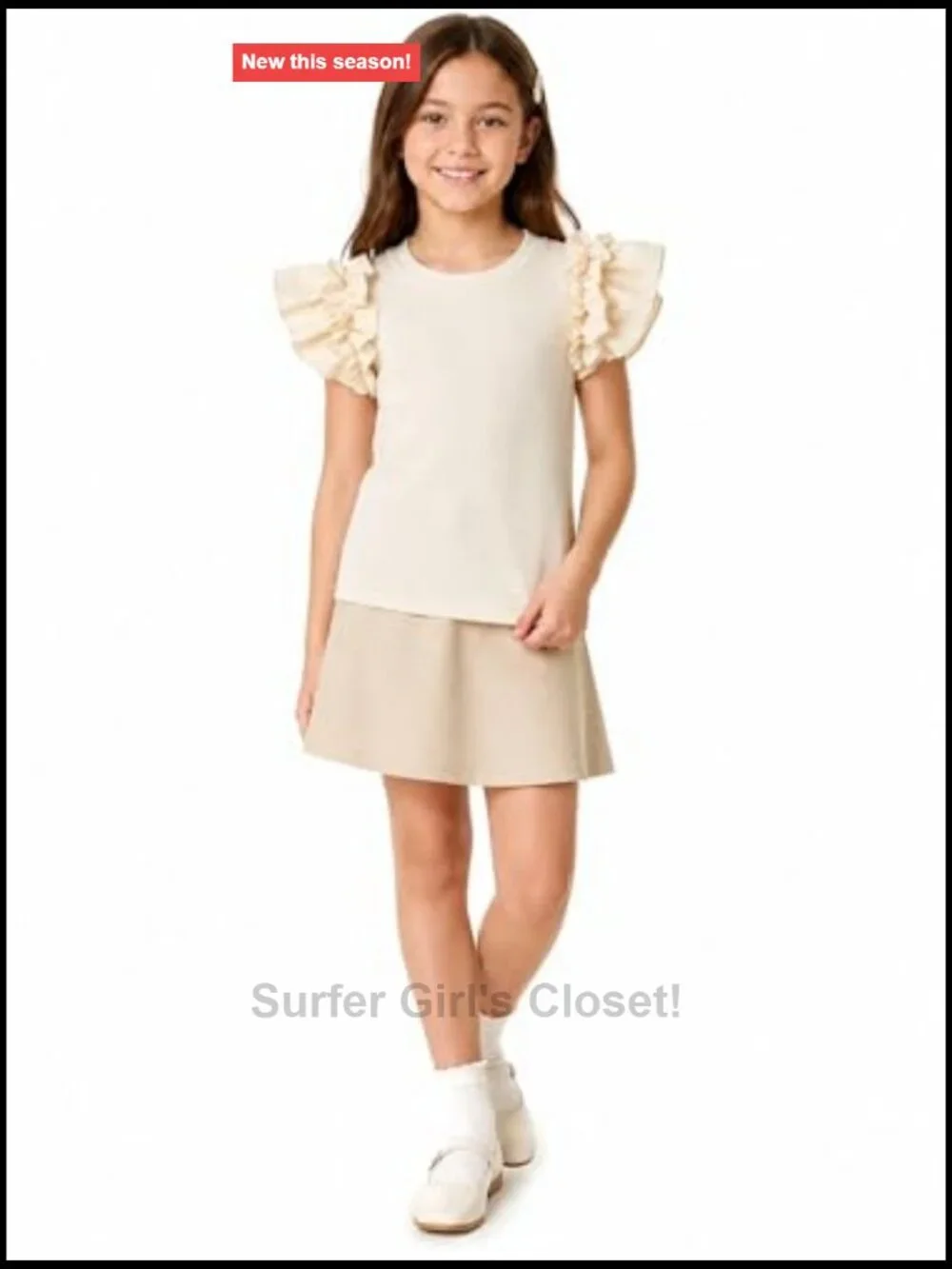 Girls Ruffle Sleeve Ribbed Knit Tee Shirt Tops Summer Casual